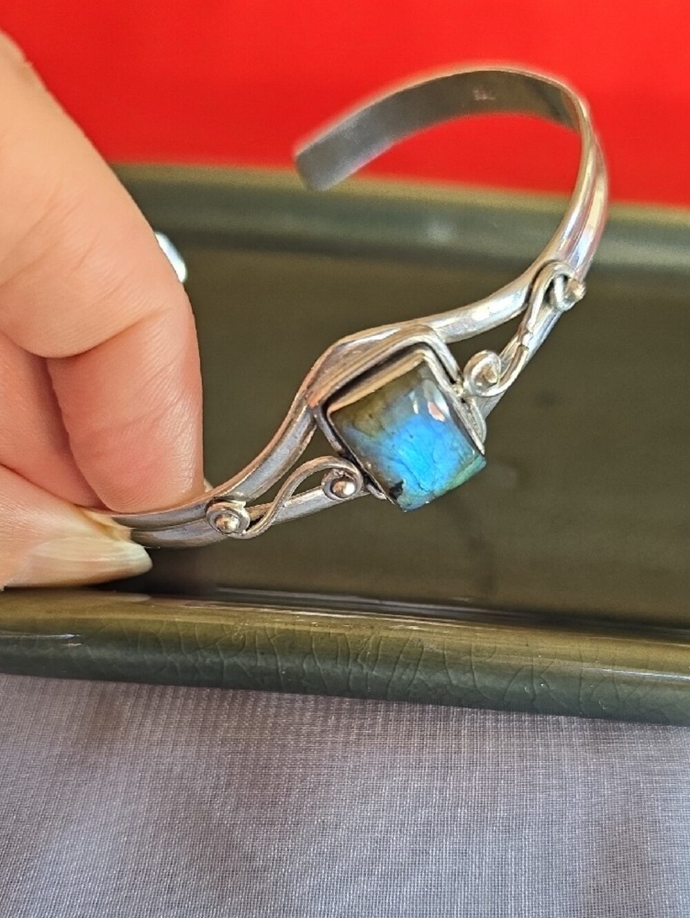 Boho Artisan Sterling Silver 925 Labradorite Cuff Bracelet - Picture 13 of 16